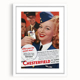 Vintage Chesterfield Cigarettes Ad Poster | Retro Flight Attendant Art
