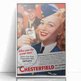 Vintage Chesterfield Cigarettes Ad Poster | Retro Flight Attendant Art