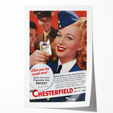 Vintage Chesterfield Cigarettes Ad Poster | Retro Flight Attendant Art