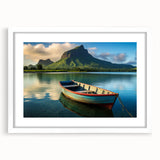 Extra large abstract art print of a Mauritian landscape in textured style, muted earth tones, framed with a white mat.