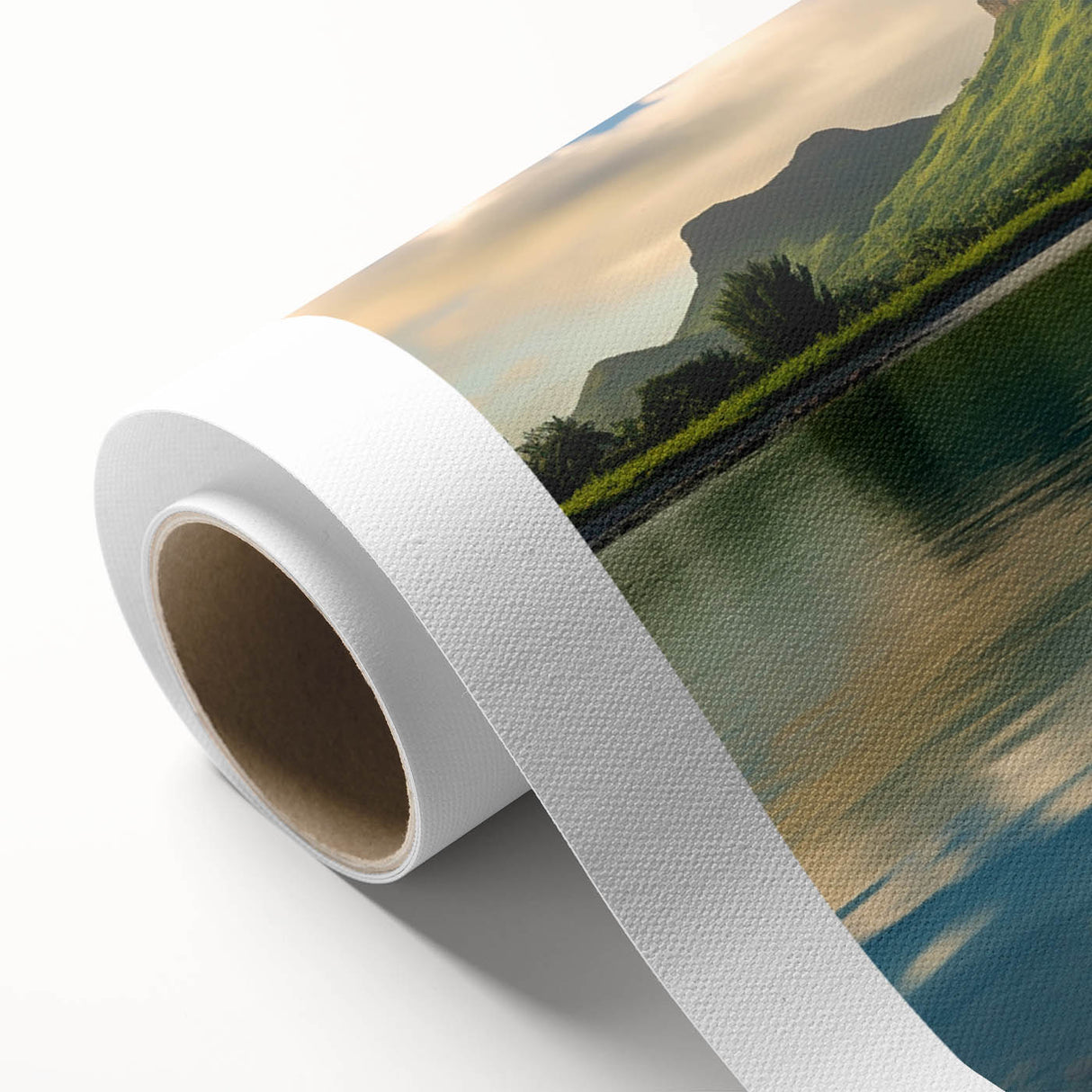 Art deco poster of a serene Mauritius landscape in pastel hues on rolled canvas, ideal for nursery wall art.