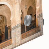 Large abstract wall art depicting Moroccan scenery in muted earth tones on acrylic glass, ideal for dining room ambiance.