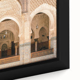 Extra large framed canvas featuring a textured, colorful Moroccan scenery in black, ideal for living room decor.