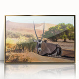 Mid-century modernist art depicting a serene Namibian landscape on a gold-framed acrylic, featuring earthy tones.