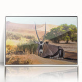 Large art print of a Namibian landscape on framed acrylic, featuring muted earth tones, ideal for modern art wall decor.