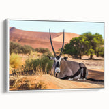 A framed canvas featuring a black and white vintage landscape of Namibia, ideal for bedroom wall art.