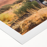 Art deco poster of Namibian landscape in muted earth tones on rolled canvas, suitable for dining room decor.