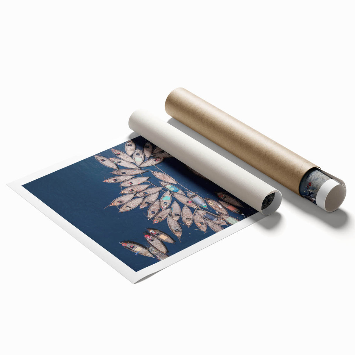 Large rolled canvas print featuring a serene Bangladesh river scene in muted green and blue tones.