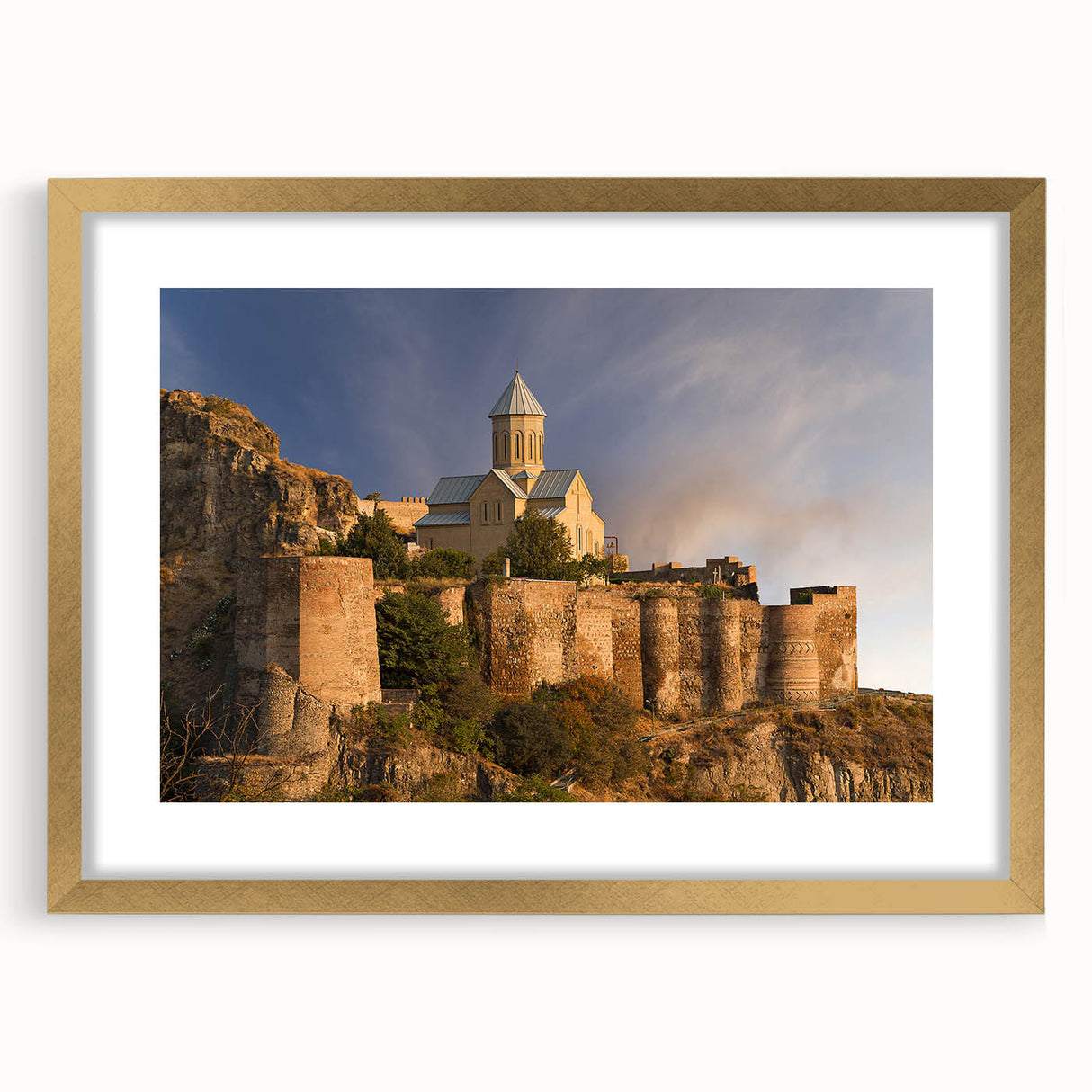 Extra large abstract art print featuring a textured depiction of a Georgia landscape in muted earth tones on a gold-framed…