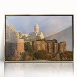 Large art print featuring a mid-century modernist Asian scenery in gold tones on framed acrylic.