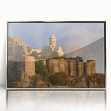 Mid-century modernist art depicting an Asian landscape in muted earth tones on a silver-framed acrylic print.