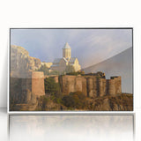 Art deco poster of a Georgia landscape in muted earth tones on a white framed acrylic, ideal for modern art wall decor.