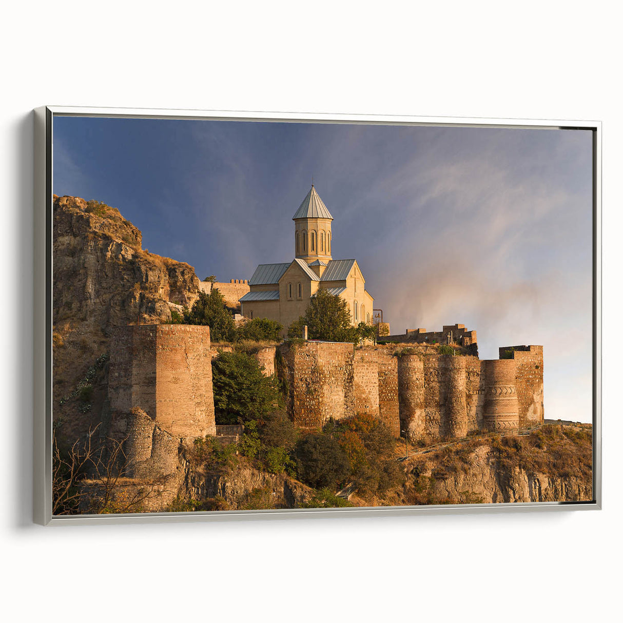Framed canvas featuring a vintage landscape art painting of Georgia, Asia with a colorful palette and black border.