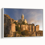 Vintage poster art of a colorful Asian landscape on a large framed canvas, ideal for living room decor.