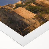 Art deco poster of a stylized Asian landscape in muted green and blue tones on rolled canvas, suitable for dining room decor.