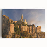 Large black and white stretched canvas featuring a detailed illustration of a Georgia, Asia street scene.