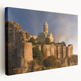 Large stretched canvas depicting a serene Georgia landscape in muted earth tones, ideal for kitchen wall art.