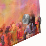 Large abstract wall art depicting a mid-century modernist Indian scenery in vibrant colors on acrylic glass.