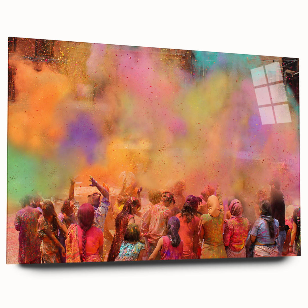 Large abstract wall art depicting a vibrant Indian landscape on acrylic glass, suitable for bedroom or dining room decor.