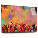 Large abstract wall art depicting a vibrant Indian landscape on acrylic glass, suitable for bedroom or dining room decor.