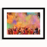 Extra large abstract art print depicting a colorful, textured scenery of India on a black framed canvas.