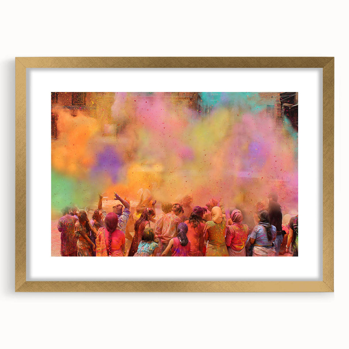Extra large abstract art print of a textured Indian scenery in gold tones, framed, ideal for living room decor.