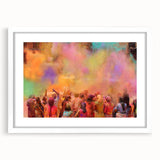 Abstract art print of an Indian landscape in muted earth tones on a framed white mat, ideal for dining room decor.