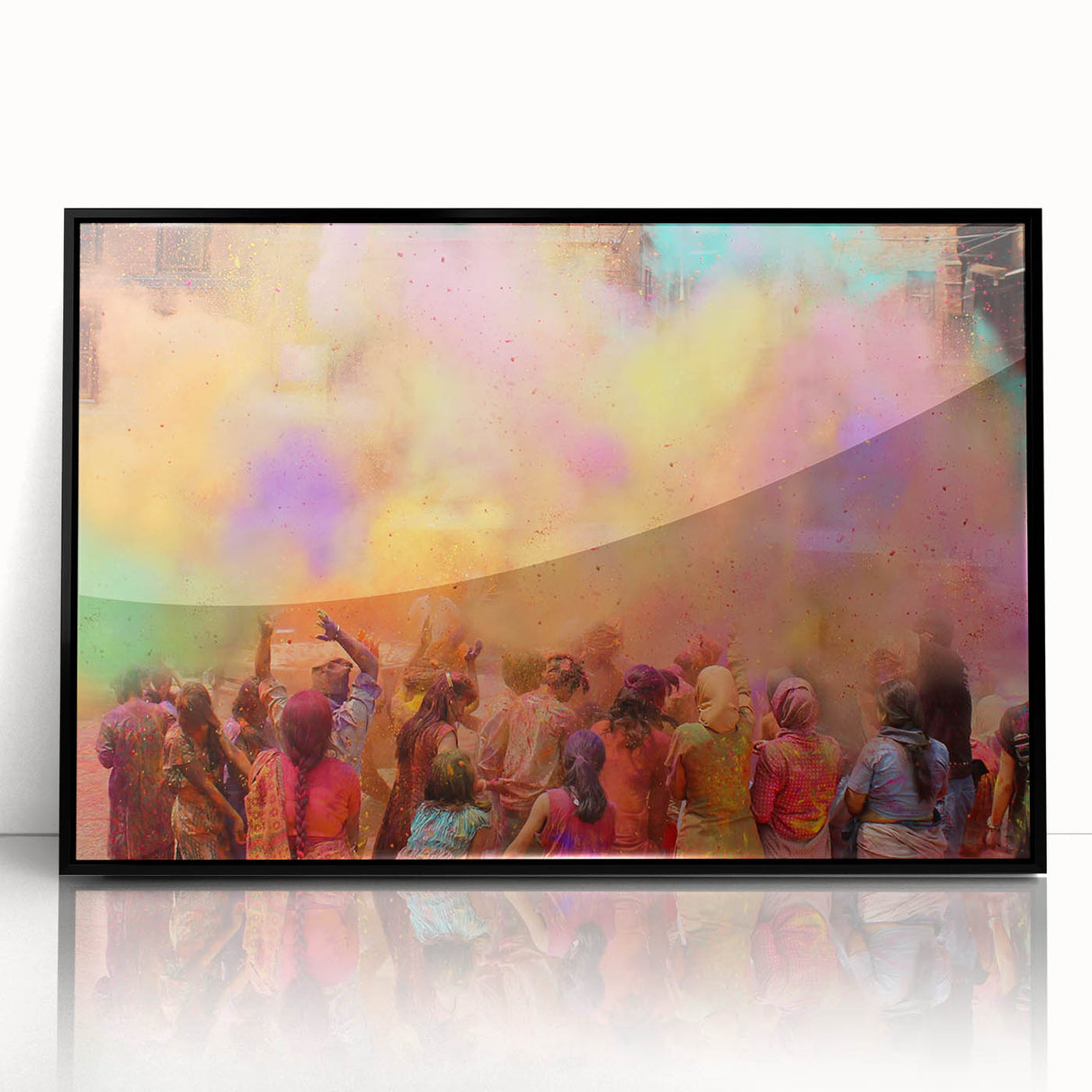 Large abstract wall art depicting a scenic Indian landscape in vibrant colors, framed in black acrylic.