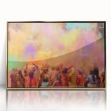 A large acrylic print of a mid-century modernist Indian scenery, featuring golden hues, ideal for modern art wall decor.