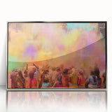 Mid-century modernist art depicting an Indian landscape in muted earth tones on a silver-framed acrylic print.