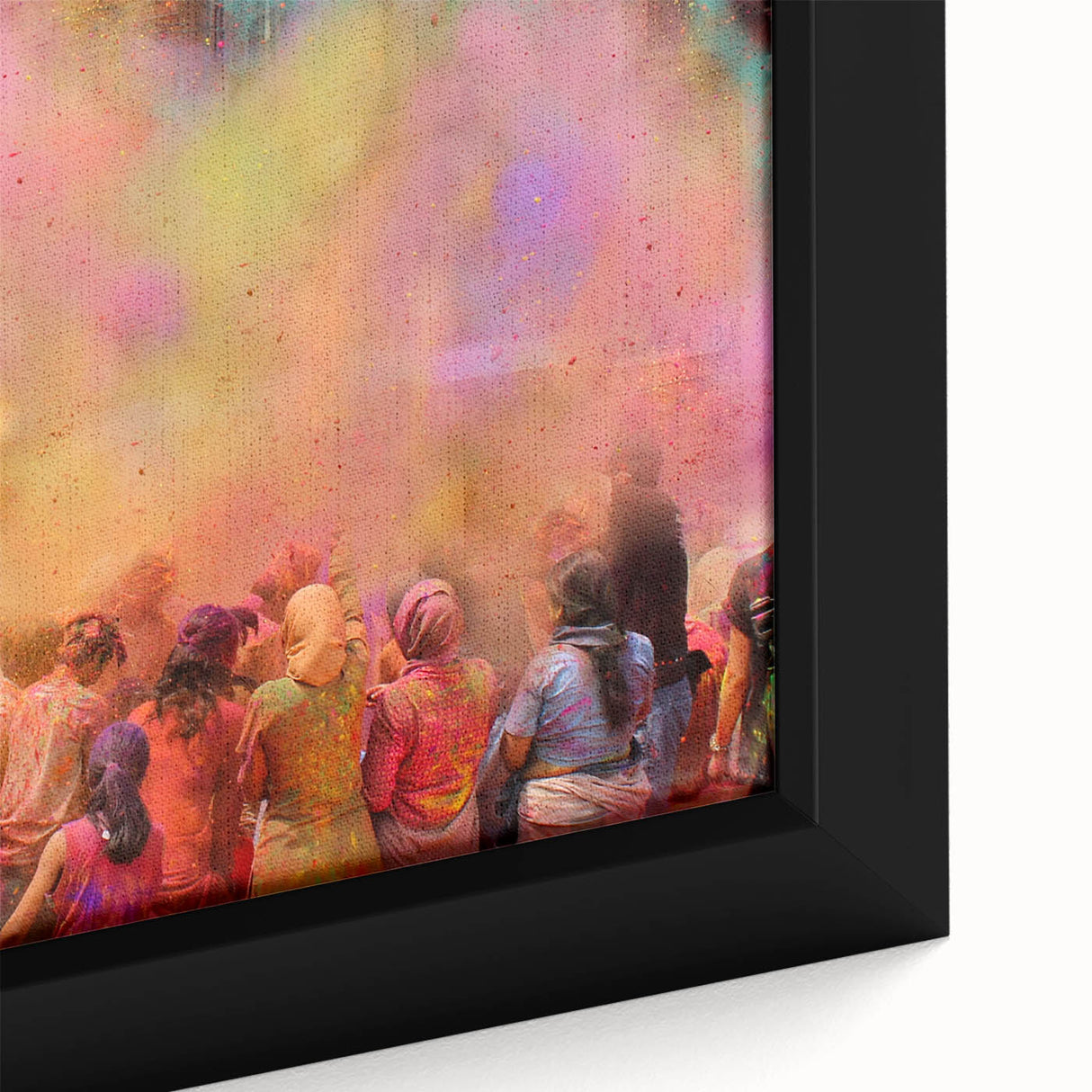 Extra large framed canvas featuring a textured depiction of an Indian scenery in black with colorful accents.