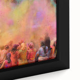 Extra large framed canvas featuring a textured depiction of an Indian scenery in black with colorful accents.