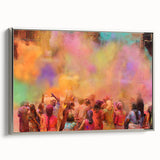 Framed canvas featuring a colorful landscape art painting of an Indian scenery in vintage poster style.