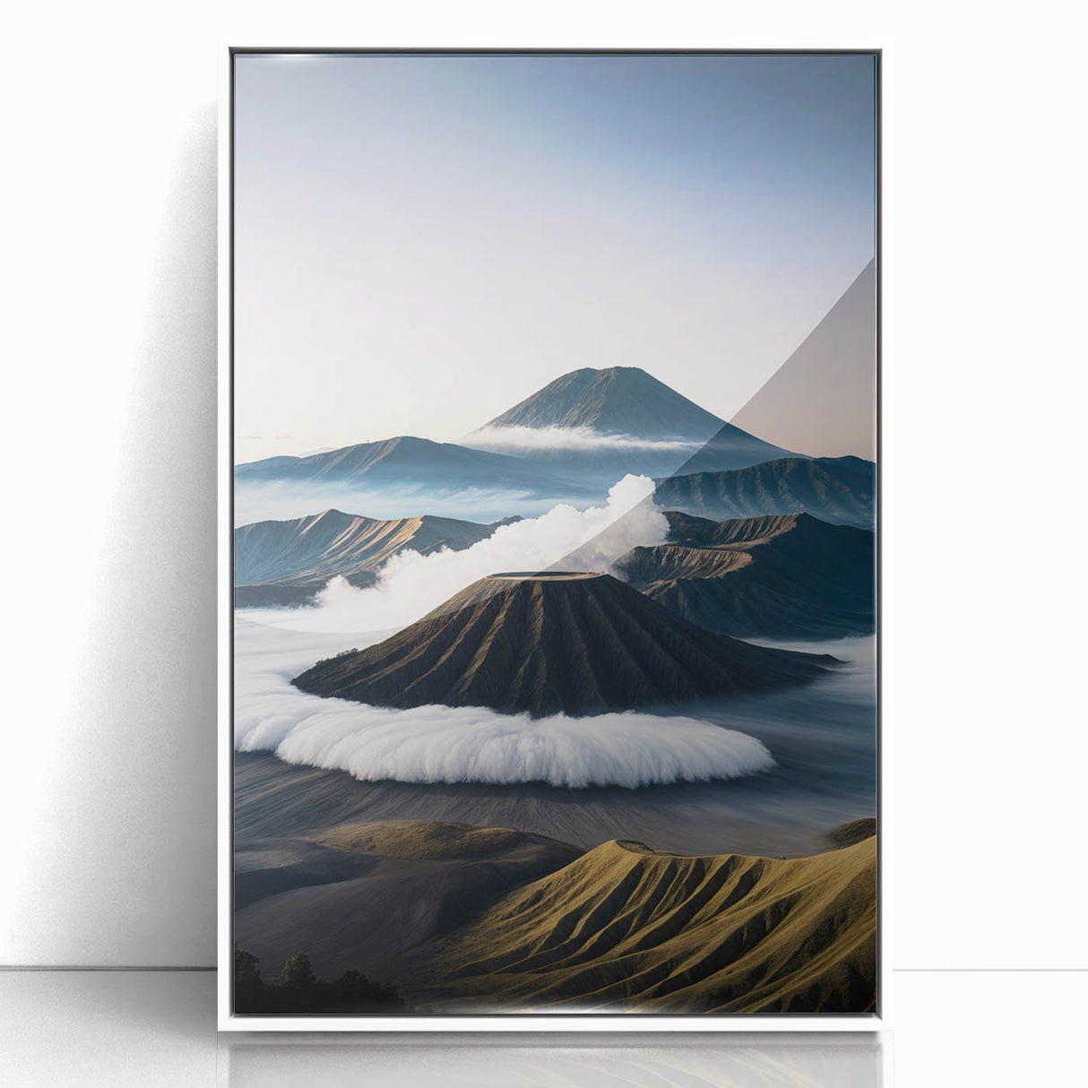 Art deco poster featuring a serene Indonesian landscape in muted green and blue tones on framed acrylic.