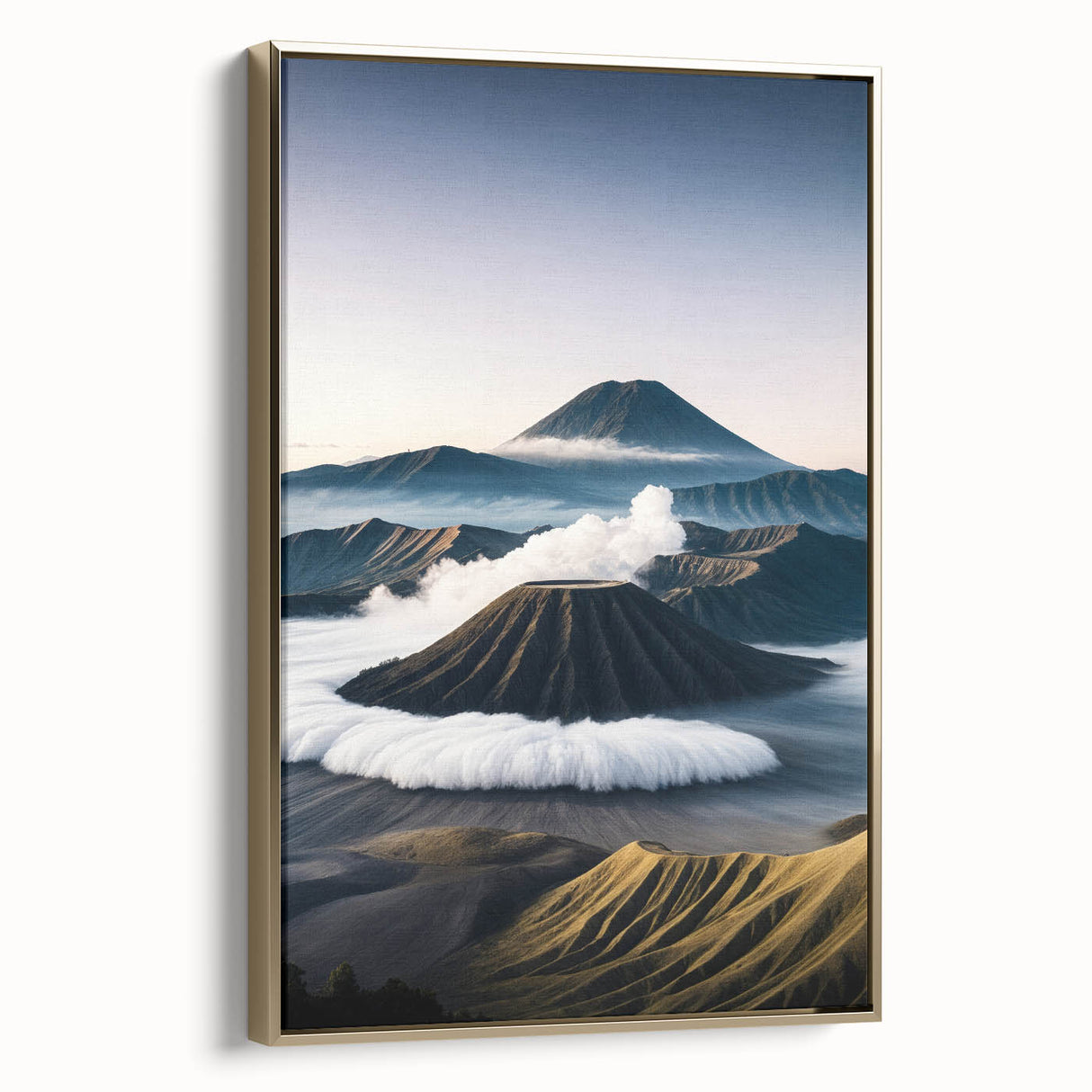 Framed canvas depicting an Asian landscape in muted gold and black tones, ideal for bedroom wall art.