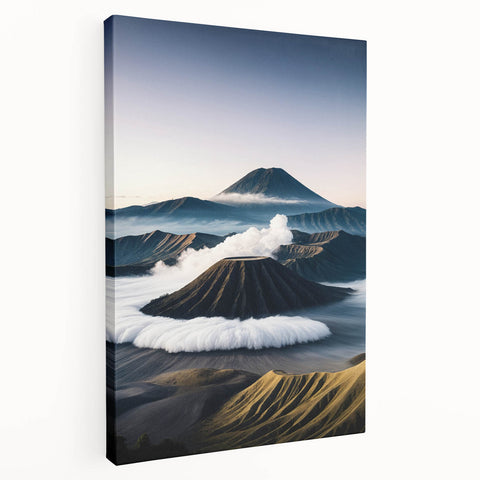 Large art depicting a serene Indonesian landscape in muted green and blue tones on stretched canvas.