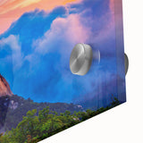 Large abstract wall art on acrylic glass depicting Asian scenery in mid-century modernist style, ideal for dining room art.