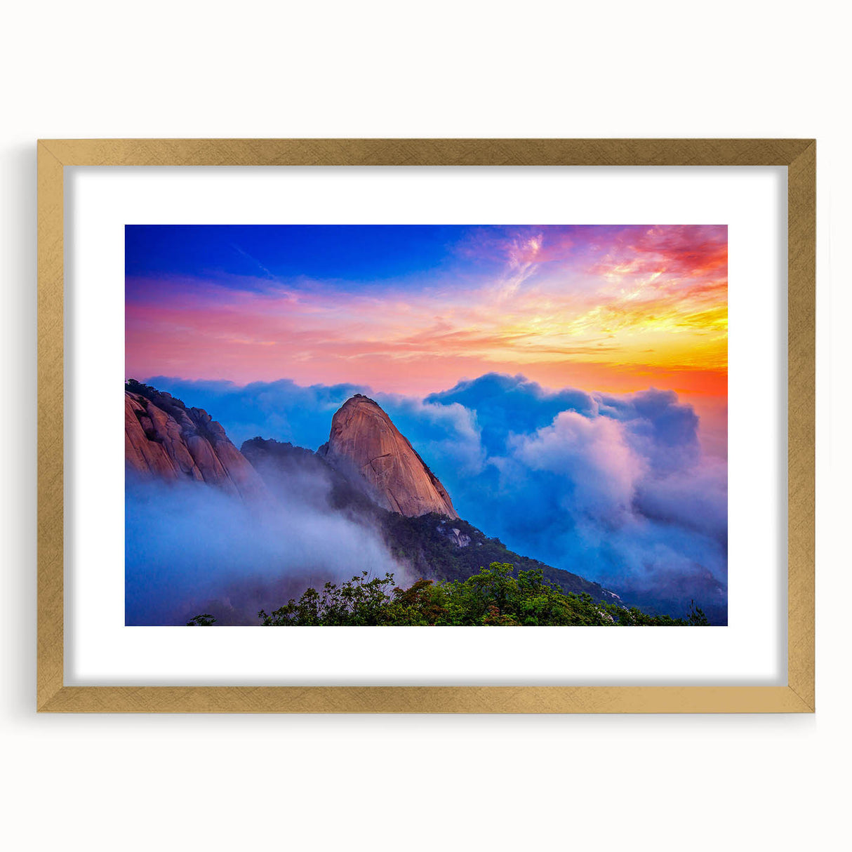Extra large abstract art print of a textured Korean scenery in muted gold tones, framed with mat.