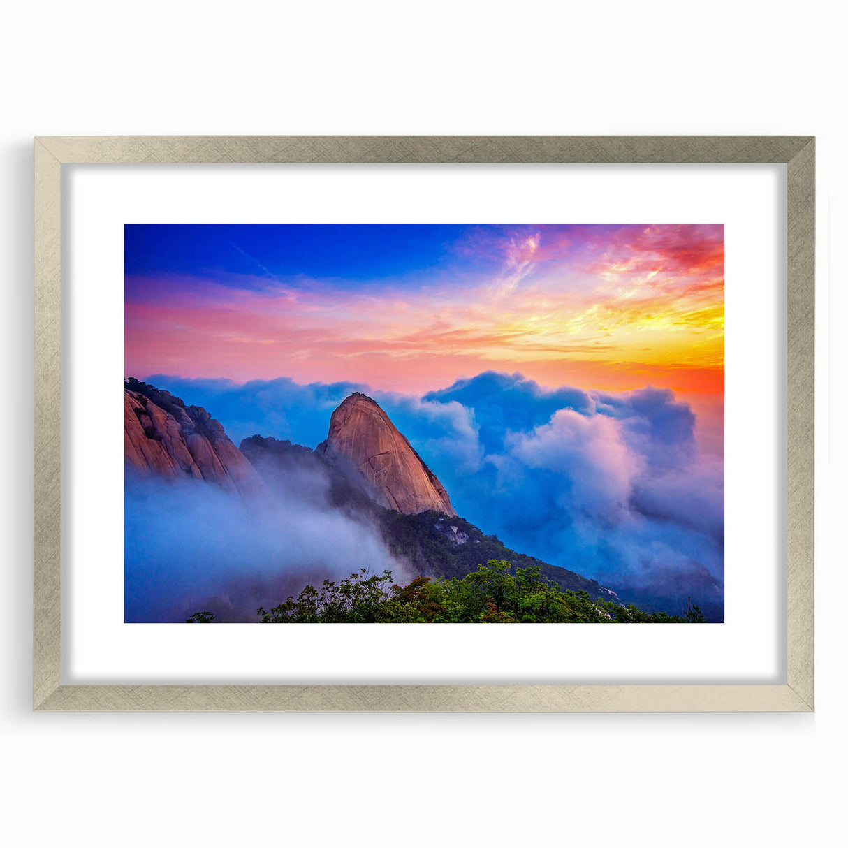 Textured abstract art print depicting a serene Korean landscape in muted earth tones, framed in silver.