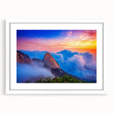 Abstract art print depicting a serene Korean landscape in muted earth tones, framed with a white mat.