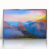 Mid-century modernist art depicting a serene Korean landscape in muted earth tones, framed in silver acrylic.