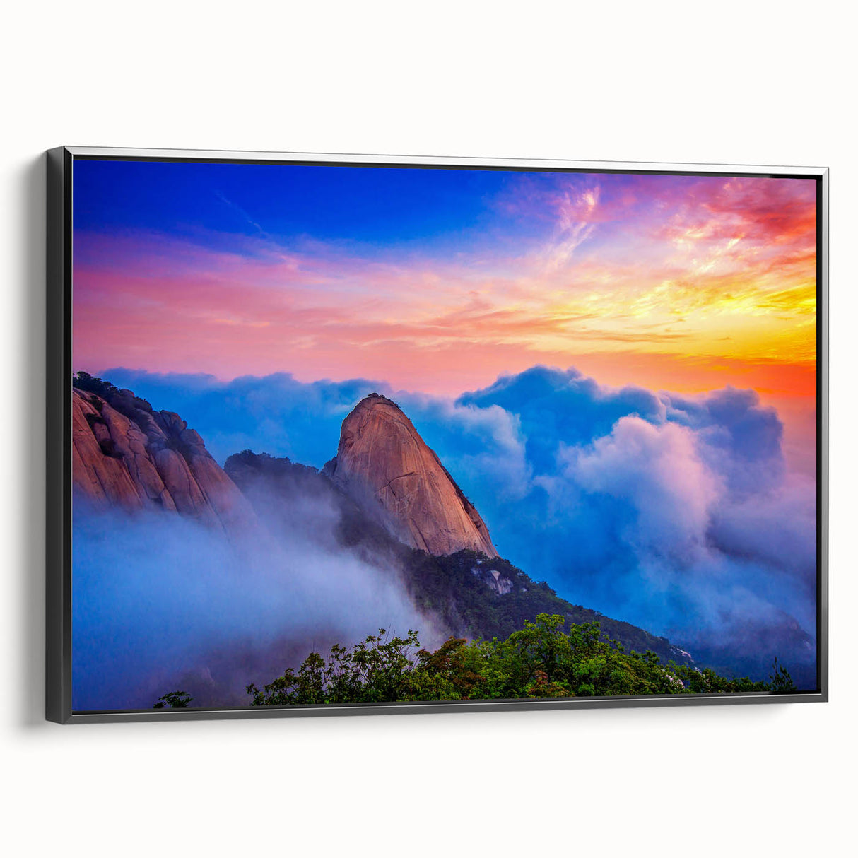 Black and white framed canvas featuring a vintage-style Korean landscape, ideal for bedroom wall art.