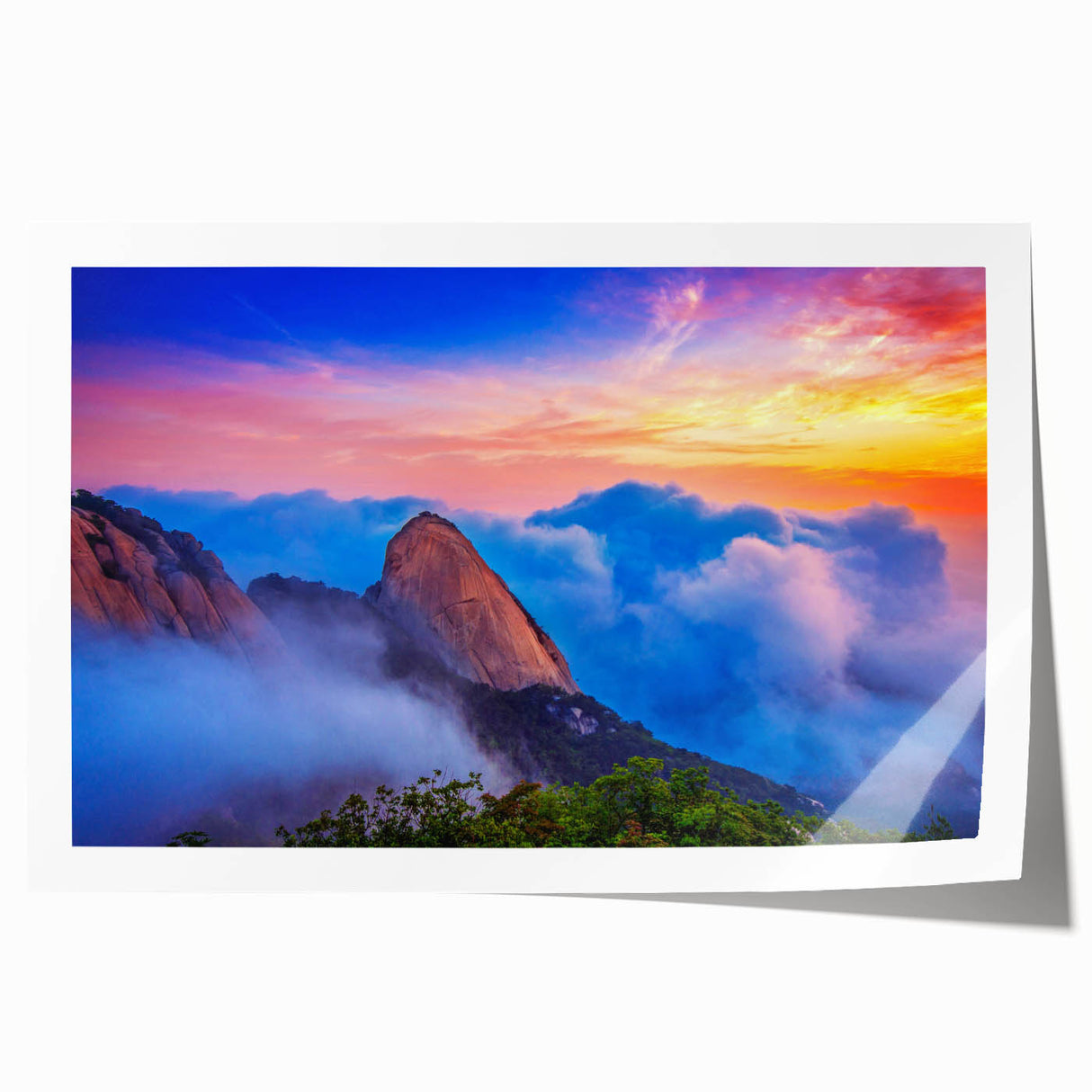 Extra large rolled print of a serene Korean landscape with soft floral elements in muted colors.
