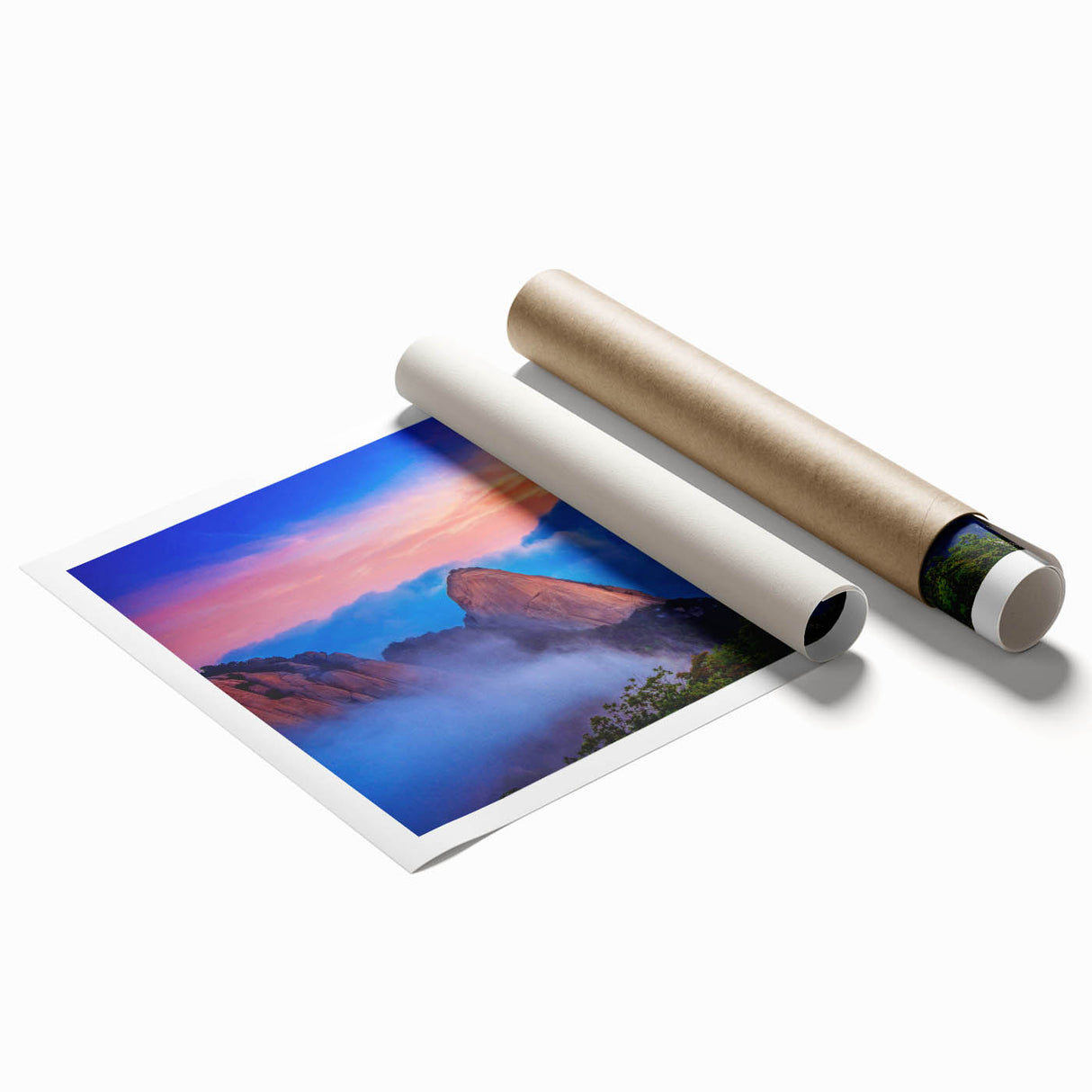 Extra large rolled print of a serene Korean landscape with soft floral elements in muted greens and blues.