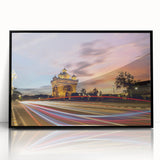 Large abstract wall art depicting a serene Laos scenery in muted earth tones, framed in black acrylic.