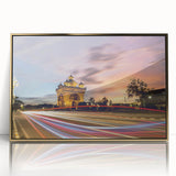 Large art print of a Laotian landscape in gold and green tones, framed acrylic, ideal for modern art wall decor.