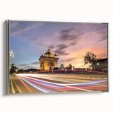 Landscape art painting of a Laos scenery with colorful art elements, displayed on a silver-framed canvas.