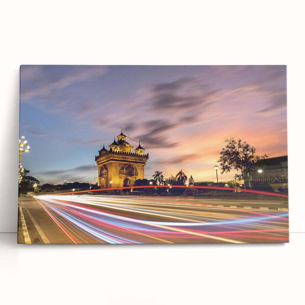 Black and white photo of a serene Laotian landscape on stretched canvas, ideal for kitchen wall art or bedroom decor.