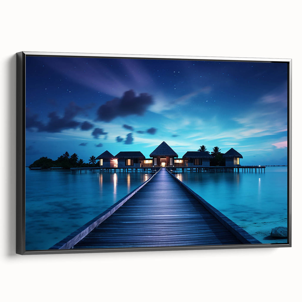 Black and white landscape art painting of the Maldives on framed canvas, ideal for bedroom wall decor.