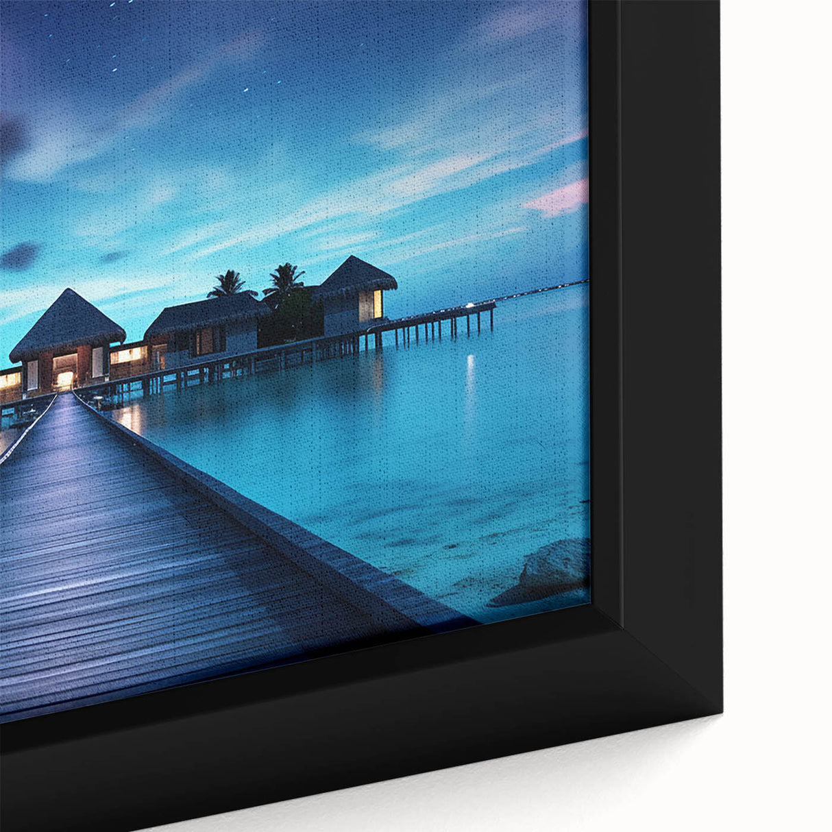 Extra large framed canvas featuring a textured, colorful Maldivian scenery on black background, ideal for living room decor.